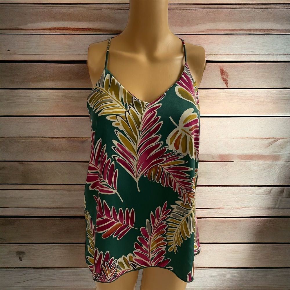 MOD spaghetti strap, light & airy, V  neck top, green, pink & gold print Size S